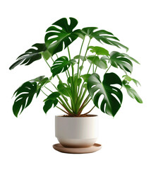 Fototapeta premium Large monstera plant in a minimalist white pot with a saucer placed on a clean background, showcasing its vibrant green leaves