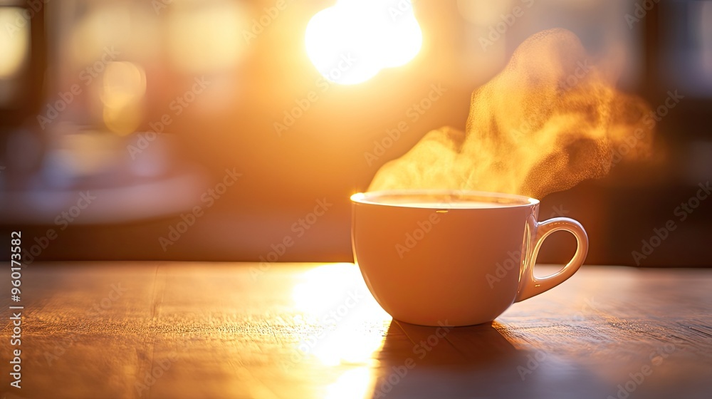 Wall mural A steaming cup of coffee sits on a table, illuminated by warm sunlight.