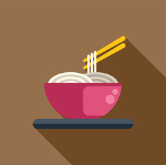 Simple icon of a bowl of noodles being lifted by chopsticks, in flat design style with a long shadow