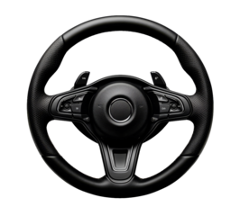 A sleek black steering wheel designed for high-performance vehicles, showcasing modern controls and ergonomic features