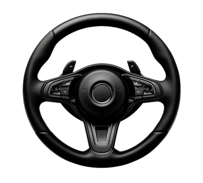 A sleek black steering wheel designed for high-performance vehicles, showcasing modern controls and ergonomic features