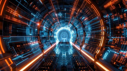 Fototapeta premium Futuristic tunnel with glowing circuits and neon lights, representing advanced technology and digital exploration.