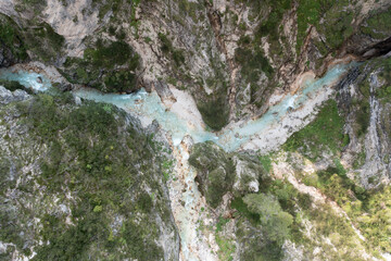 vertical aerial view of the canyon in the val di funes veneto italy