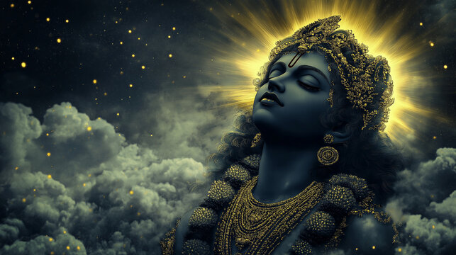 Lord Krishna surrounded by a golden halo, set against a dark sky with faint outlines of clouds and distant stars.