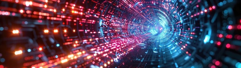 Obraz premium Futuristic tunnel with vibrant lights, showcasing a blend of technology and motion in a mesmerizing digital environment.