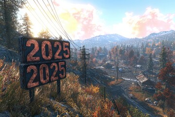 Mountain landscape with year 2025 signage, symbolizing future, progress and technology