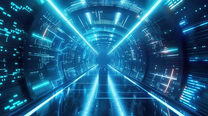 Fototapeta premium A futuristic tunnel glowing with neon blue lights, symbolizing technology and innovation, perfect for sci-fi themes.