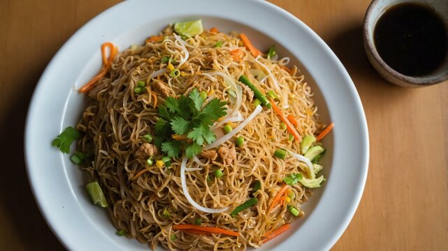 Filipino main dish Pancit isolated on a plate, served exquisitely can be a concept for advertisement background