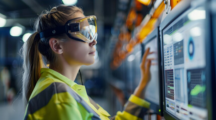 professional female technical worker wearing safety goggles and overalls, operating industrial machinery in factory operations