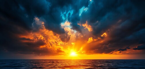 A breathtaking sunset over the ocean, showcasing vivid colors and dramatic clouds reflected on the calm water surface.