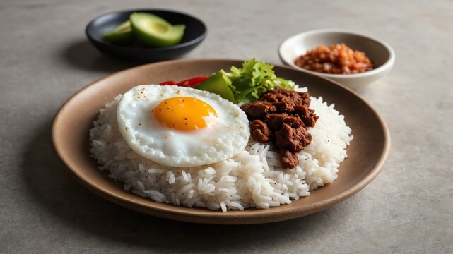 filipino rice dish tapsilog isolated on a ceramic plate, concept for advertisement background