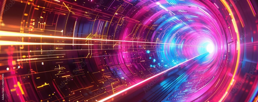 Poster A vibrant digital tunnel with flowing lights, showcasing a blend of colors and futuristic patterns, perfect for tech-themed projects.