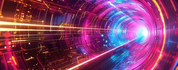 A vibrant digital tunnel with flowing lights, showcasing a blend of colors and futuristic patterns, perfect for tech-themed projects.