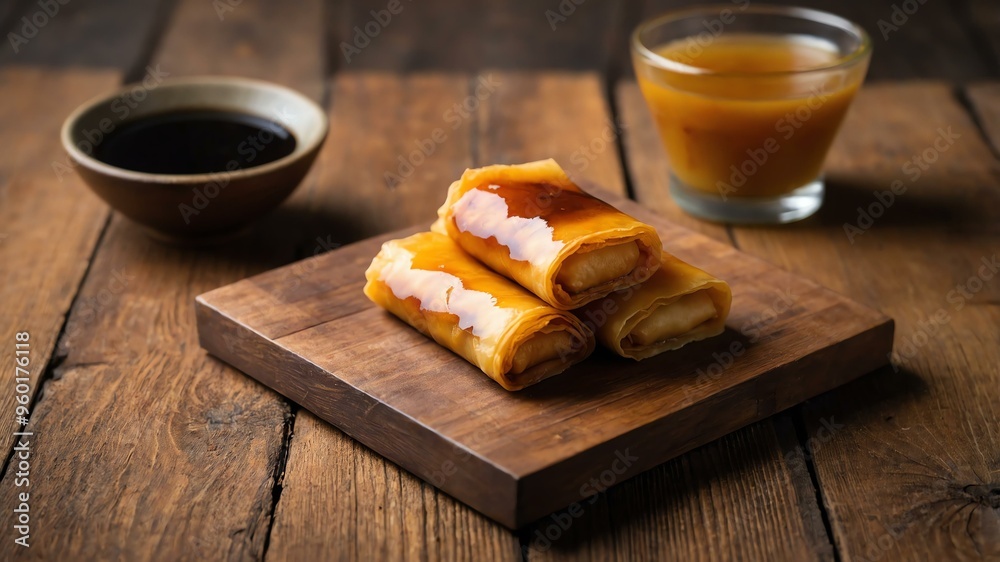 Wall mural filipino dessert dish turon isolated on a wooden plate, concept for advertisement background