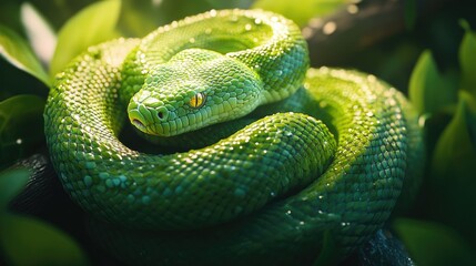 Fototapeta premium A close-up of a green snake coiled around a branch, with its scales glistening under soft, natural light.