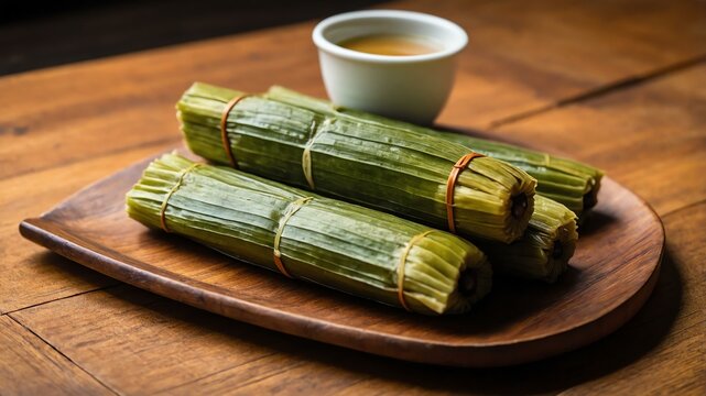filipino dessert dish suman isolated on a wooden plate, concept for advertisement background
