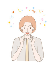 Smiling man celebrating victory gesturing with hands, fists. Happy winner with excited expression of joy, yes winning sign. Confetti behind. Hand drawn flat cartoon character vector illustration.