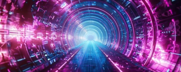 Fototapeta premium An abstract tunnel with glowing lights in pink and blue hues, representing a journey through futuristic technology.