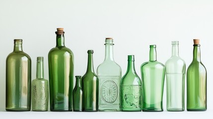 A collection of green glass bottles of various shapes and sizes, catching the light against a white background.