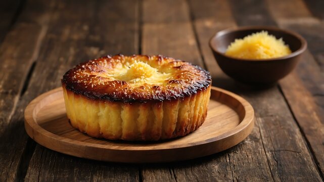 filipino dessert dish bibingka isolated on a wooden plate, concept for advertisement background