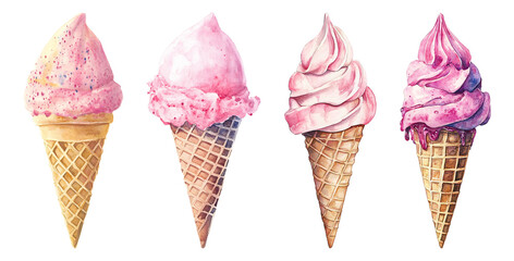 Watercolor illustration of ice cream cones in pastel colors