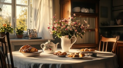 Fototapeta premium A cozy kitchen table set for breakfast, with a white tablecloth, freshly baked pastries, and a vase of flowers in the center, bathed in morning light.