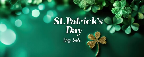 Modern St. Patrick's Day banner with sparkling shamrocks and festive green hues for seasonal sales promotion