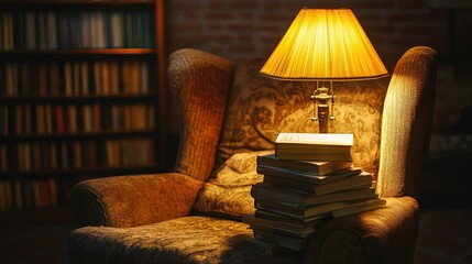 A cozy reading nook illuminated by a vintage table lamp with a warm yellow light, creating a soft glow over a stack of books and a comfy chair.