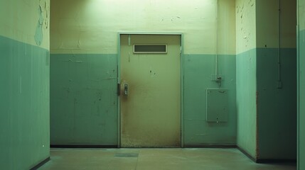 A deserted hallway with a closed, weathered door at the end. The dim lighting and peeling paint convey a sense of abandonment and mystery, suitable for themes of suspense and decay.