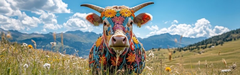 Festively Decorated Cow Enjoying Summer in Meadow