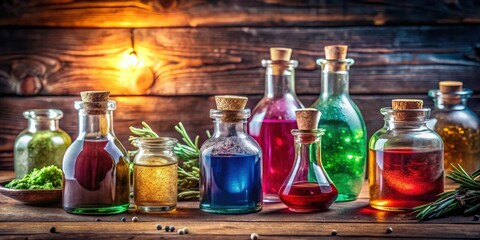 Magic potions in glass bottles on rustic wooden background