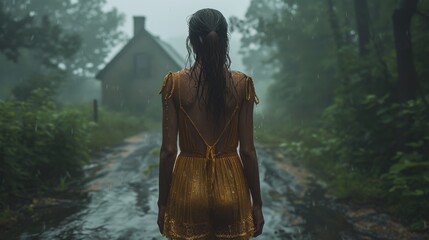 portrait of a woman who suffered violence against the background of an abandoned house