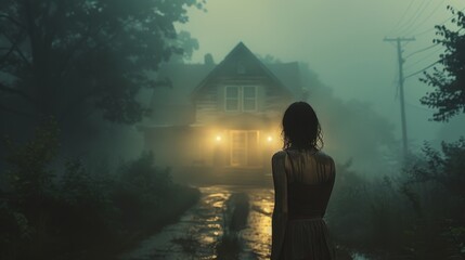 portrait of a woman who suffered violence against the background of an abandoned house