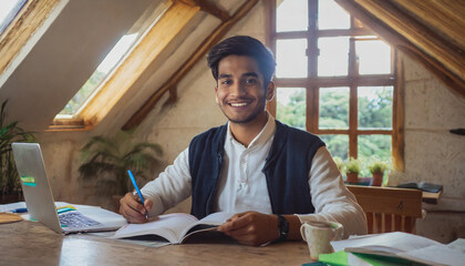 young man studying in the attic of his house