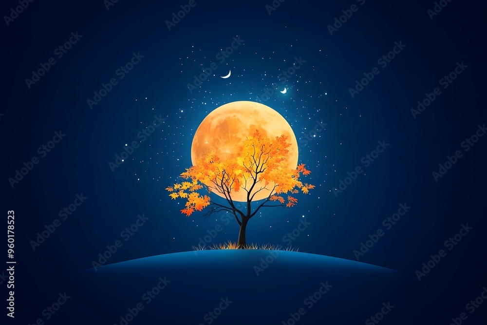 Wall mural full moon flat design top view halloween night theme animation complementary color scheme.,