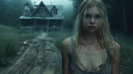 portrait of a woman who suffered violence against the background of an abandoned house