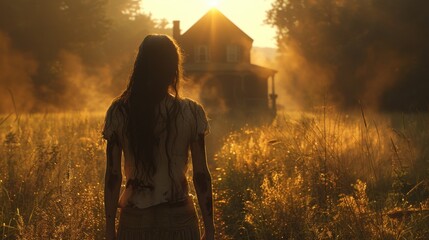 portrait of a woman who suffered violence against the background of an abandoned house
