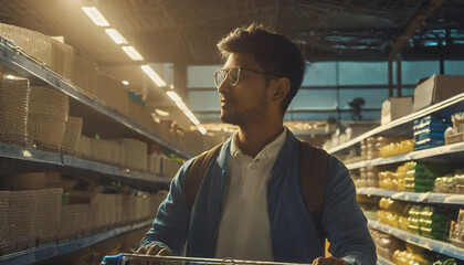 young man doing shopping in the supermarket