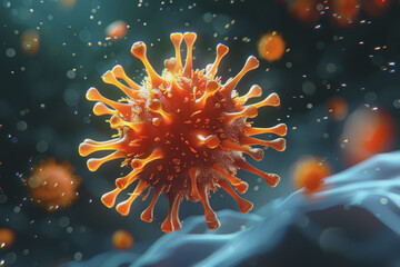 Abstract representation of a virus particle with the spiky surface on a dark background.