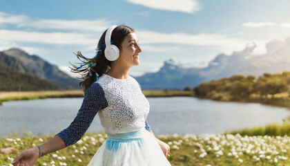 cheerful woman listening to music with headphones and dancing in the field