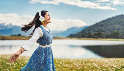 cheerful woman listening to music with headphones and dancing in the field