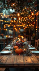 Autumn holiday table setting in the restaurant with pumpkins and soft warm lights