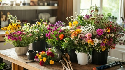 A kitchen table covered in a variety of fresh flowers and gardening tools, creating a DIY floral arrangement scene.