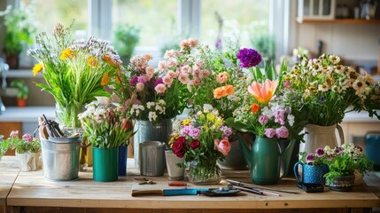A kitchen table covered in a variety of fresh flowers and gardening tools, creating a DIY floral arrangement scene.