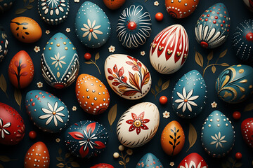 A vector illustration of colorful Easter eggs, decorated with patterns like stripes, dots, and floral designs. The eggs are placed on a minimalistic background, using vibrant and pastel colors.