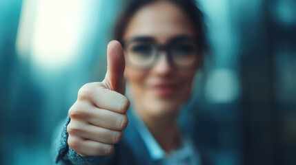 A woman with glasses smiles and gives a thumbs-up gesture in front of a blurry urban cityscape. She radiates positivity and confidence in a modern setting.