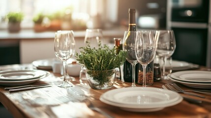 A kitchen table set for dinner with plates, cutlery, wine glasses, and a centerpiece of fresh herbs, ready for a family meal.