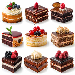 Various of sweets and desserts set and collection. chocolate cake, cupcakes, red velvet cake, apple pie, macarons, pretzel, donut, pastries, muffin, cookies, croissant. Bakery sweets isolated on white