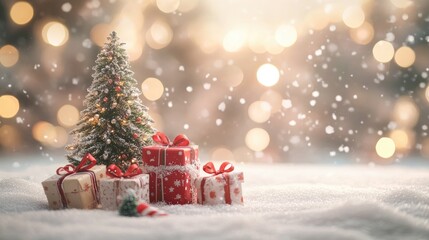 A festive Christmas podium featuring blurry shiny lights, gift boxes, a Christmas tree, and snow, ideal for showcasing holiday-themed products.