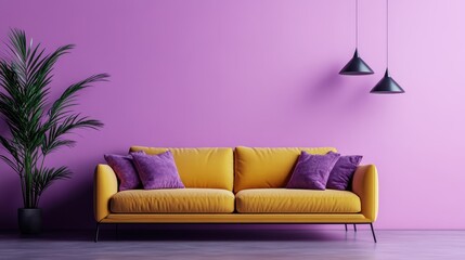 A yellow sofa with contrasting purple pillows is set against a purple wall. The décor includes...